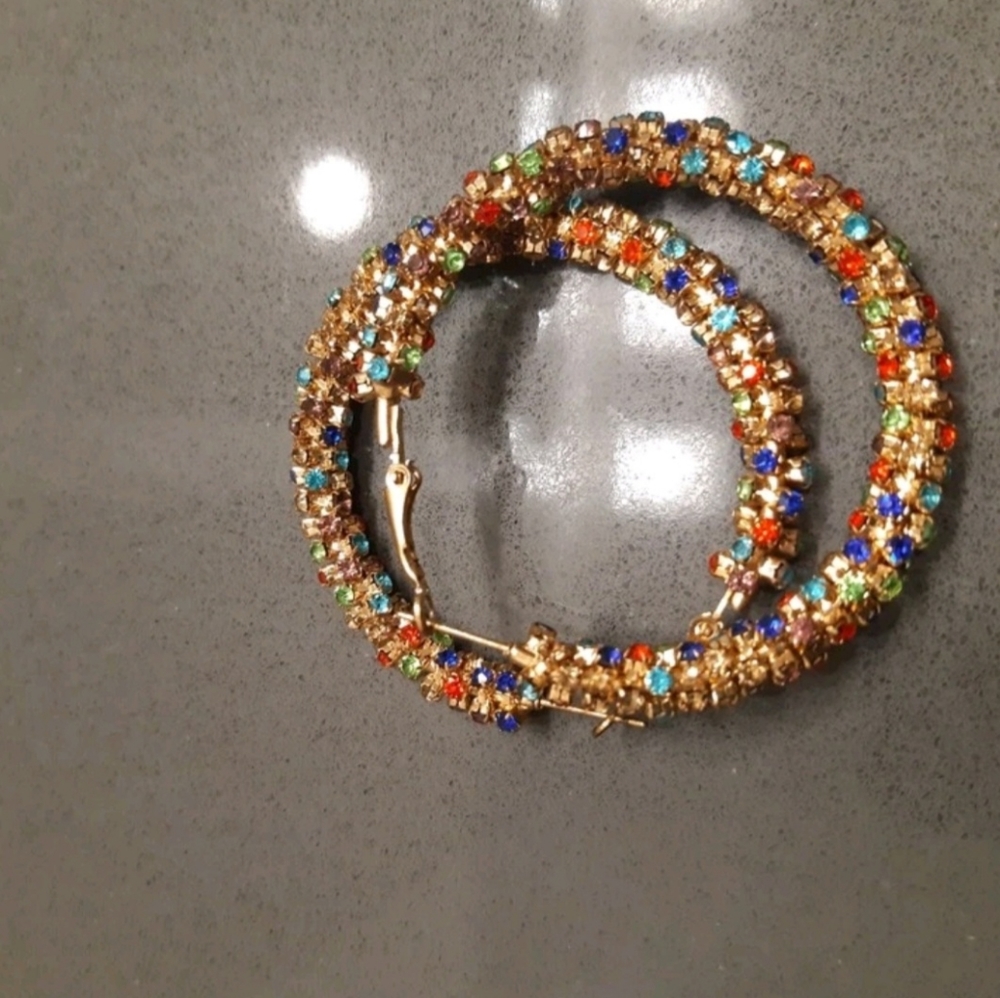 Colorful Rhinestone Hoop Earrings - Picture 7 of 7